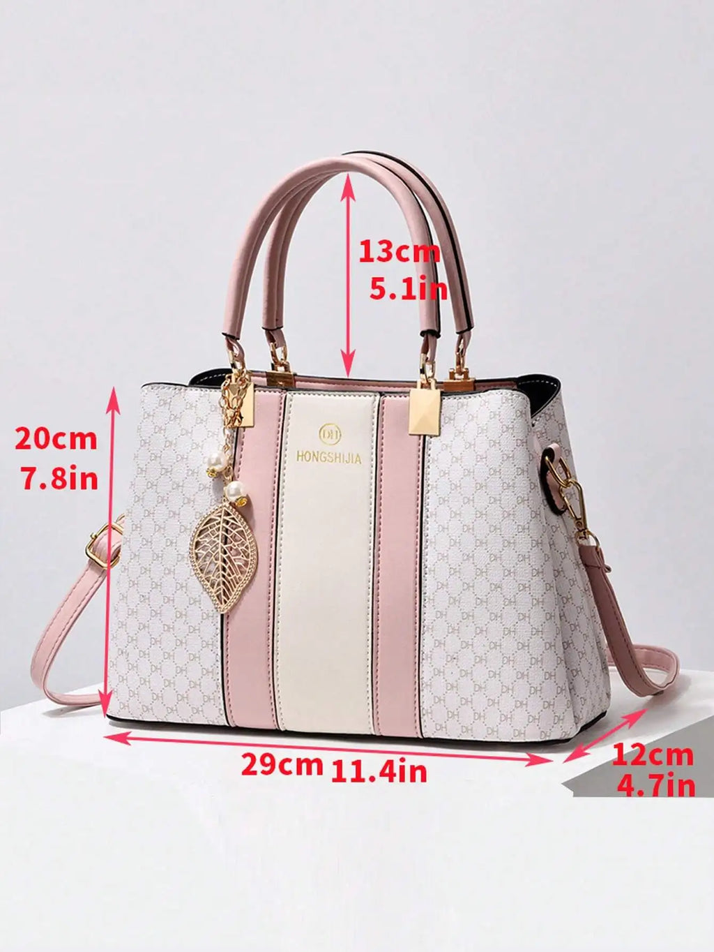 Women's Pink & Cream Patchwork Top-Handle Tote Bag with Leaf Charm
