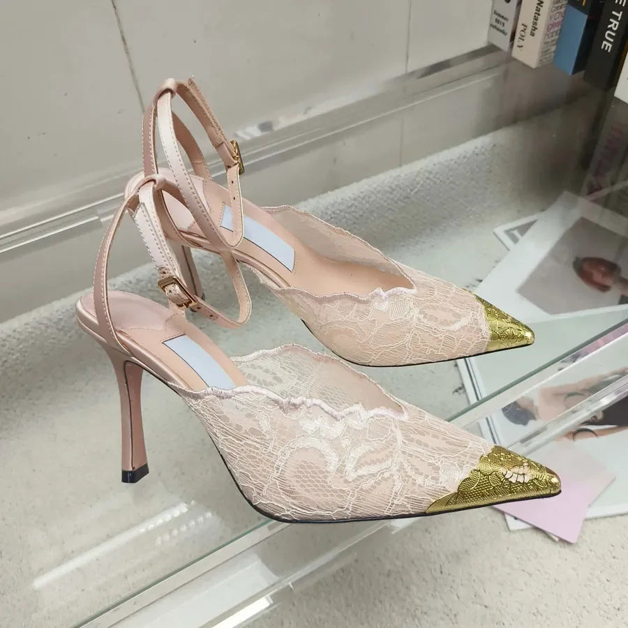Fashion Lace mesh High heeled Slingbacks Sandals pumps ankle strap High heels Dress Shoes womens Luxury designer Wedding Evening