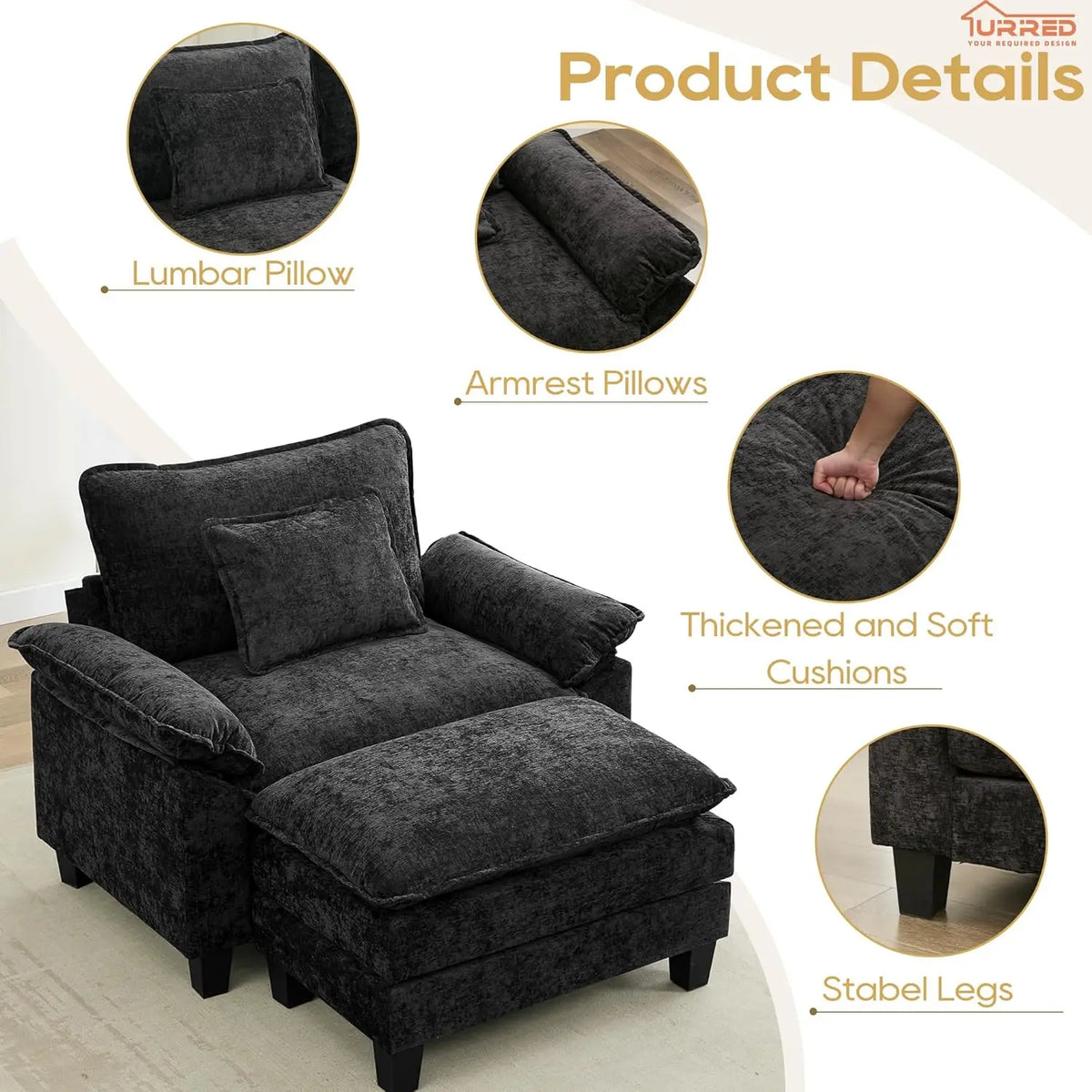 Modular Sectional Sofa Comfy Cloud Couch, Modern Chenille Sofa Sleeper Deep Seat Couches with Ottoman/Pillows for, Customized