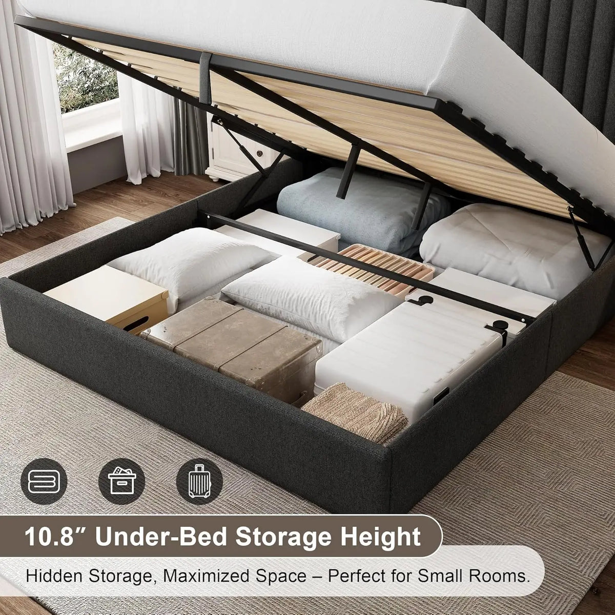 Queen Size Lift Up Storage Bed Frame with Wingback Headboard, Linen Upholstered Platform Bed with 10.8" Underneath, Customized