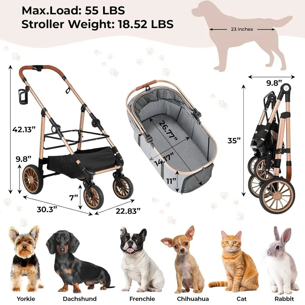 All-Terrain 3-in-1 Pet Stroller for Medium Dogs and Cats up to 55 lbs with Detachable Carrier, Rubber Wheels, Storage Basket, an
