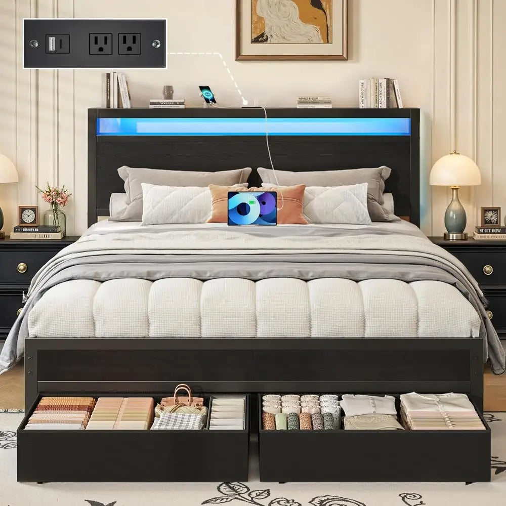 Elegant Black Queen Bed with Storage, LED Light, and Charging Station - No Box Spring Required