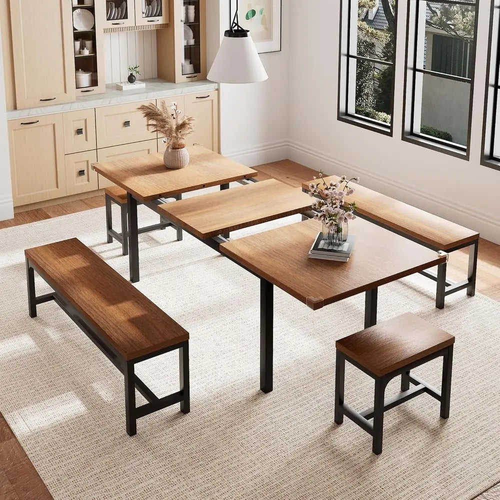 5 Pieces Dining Room Table Set or 4-6, 63" Exble Kitchen Table Set with 2 Benches & 2 Stools, Small Dining Table Set with Metal