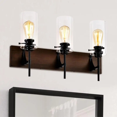 3-Light Matte Black and Wood Vanity Light Fixture, Modern Bathroom Lighting with Glass Shade for Mirror, Kitchen, Dining Room,