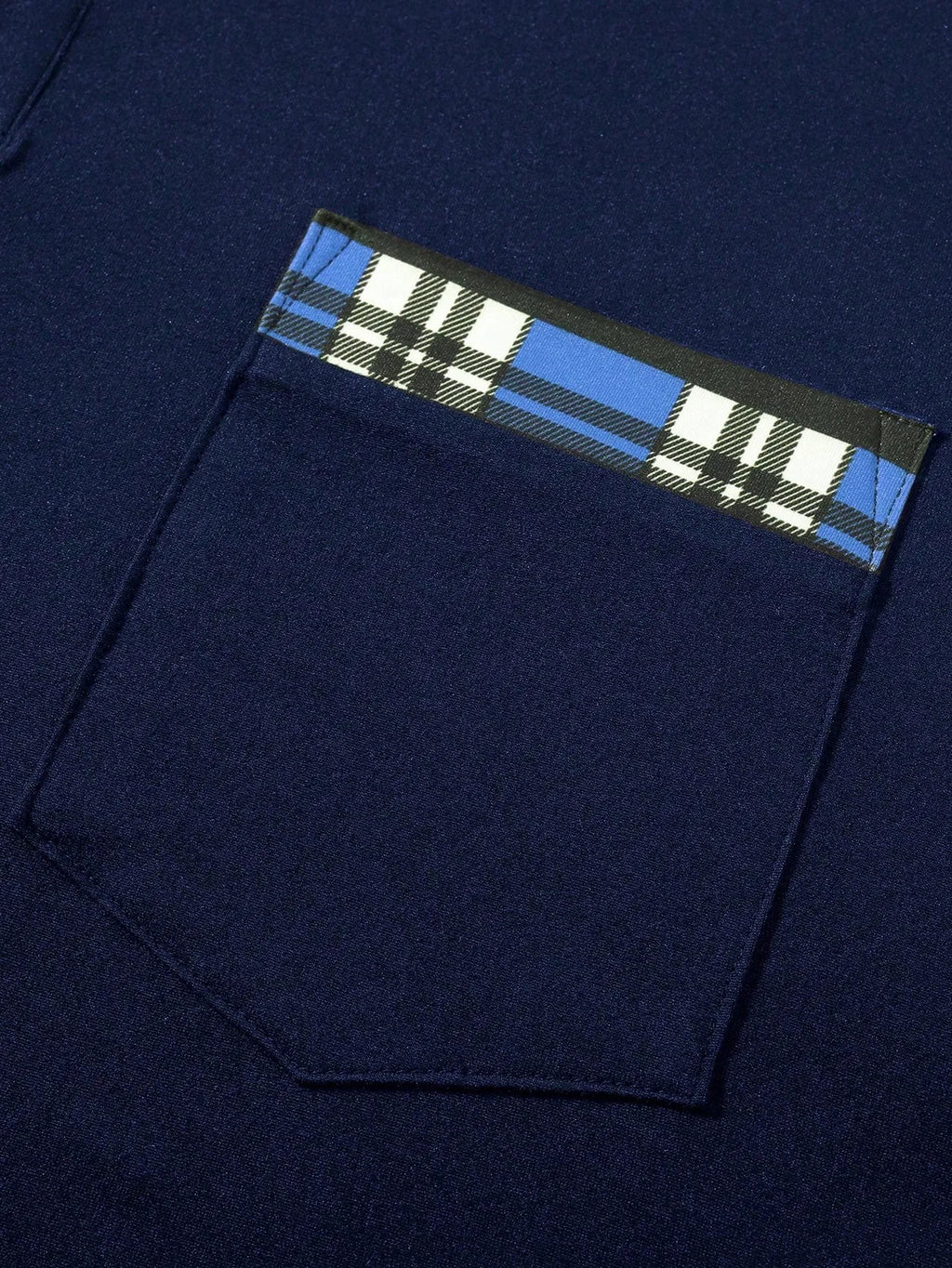 Navy Blue Men's Short Sleeve Polo Shirt with Plaid Trim Collar and Cuff