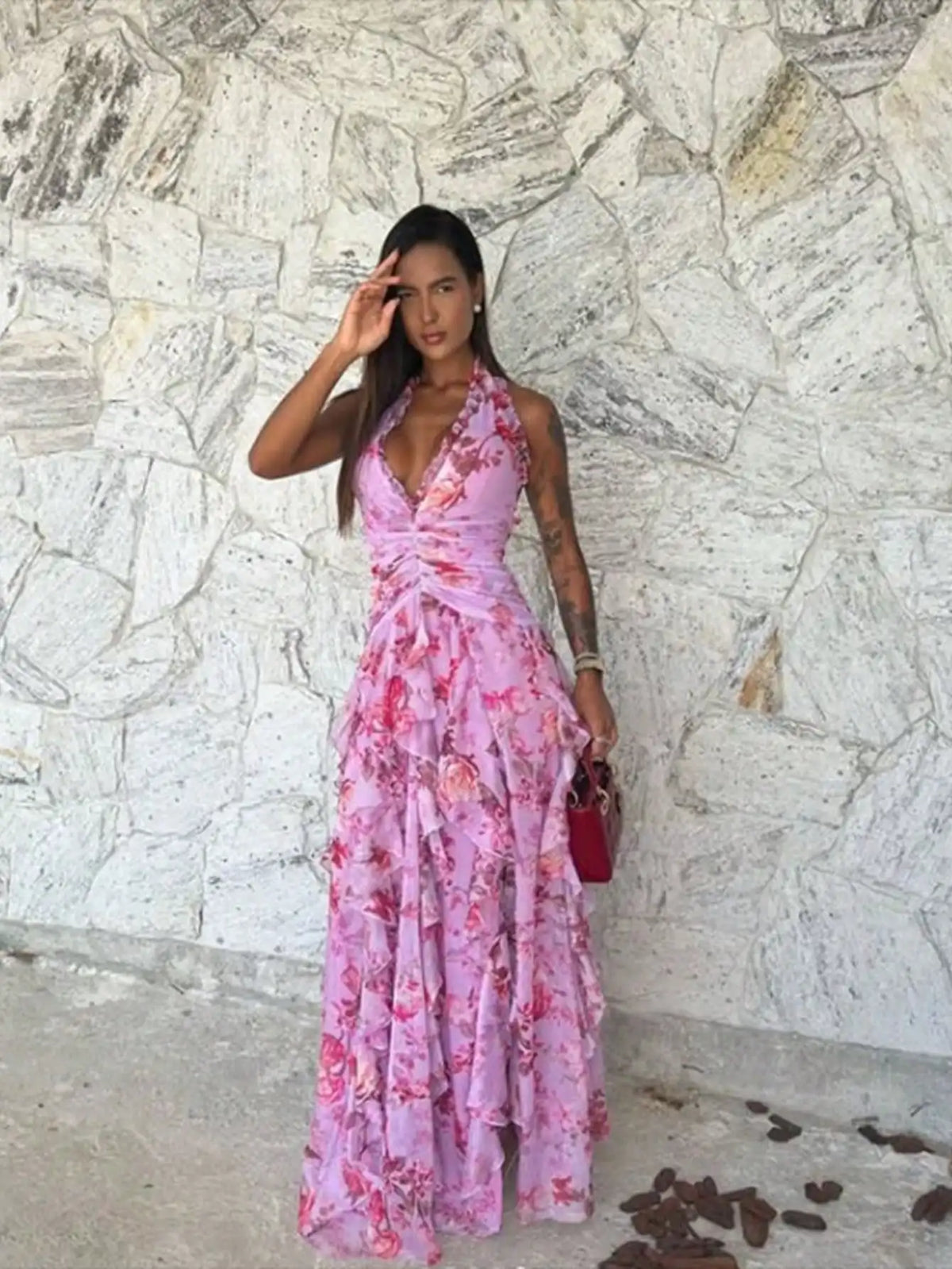 Elegant Floral Halter Neck Long Dress With Ruffle Hem And Slit For Women