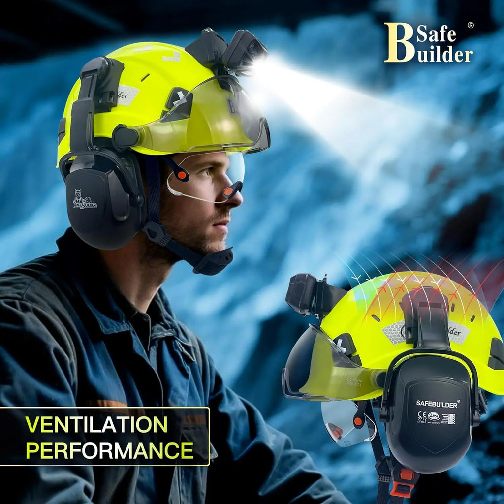 Lightweight Vented Safety Helmet with Visor, Headlight & Ear Muffs for Construction Work, ANSI Z89.1 Approved