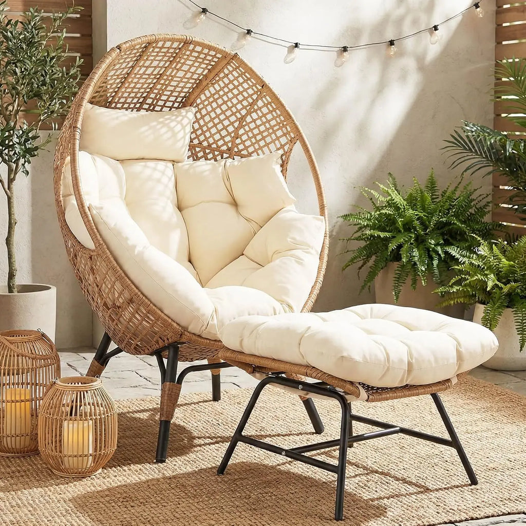 Wicker Egg Chair with Ottoman, Indoor Outdoor Egg Basket Lounge Chair w/Cushion, Oversized Egg Seat with Legs