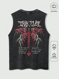 Men's Distressed Acid-Wash Sleeveless Tank Top with Gothic Graphic Print, Soft Cotton, Summer Casual Wear