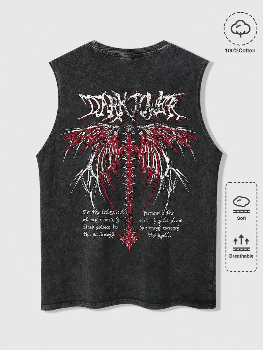 Men's Distressed Acid-Wash Sleeveless Tank Top with Gothic Graphic Print, Soft Cotton, Summer Casual Wear