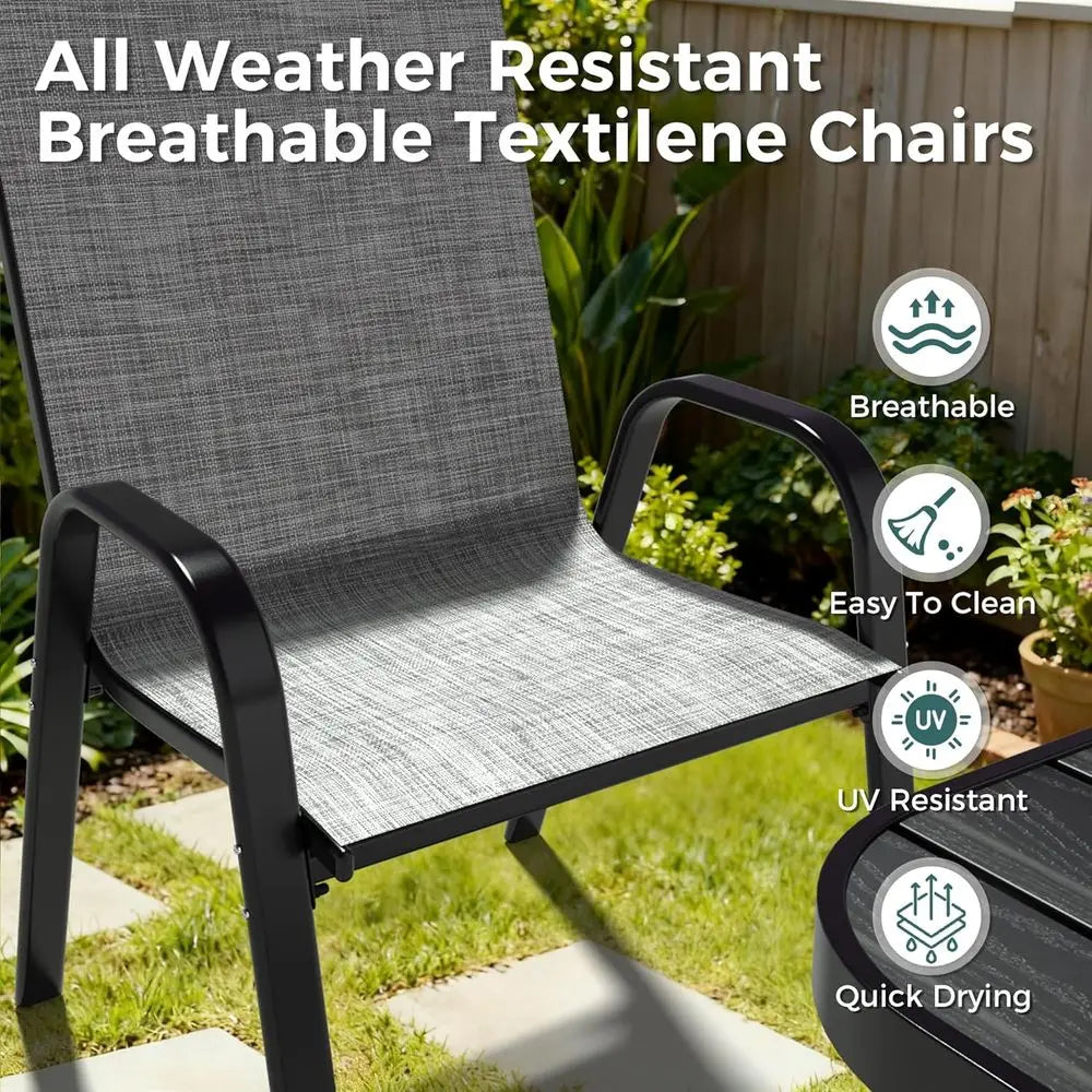 Outdoor Dining Sets or 4, Square Steel Slat Table with 4 Textilene Chairs, 5 Piece Patio Table and Chairs Set with Adjustable Um