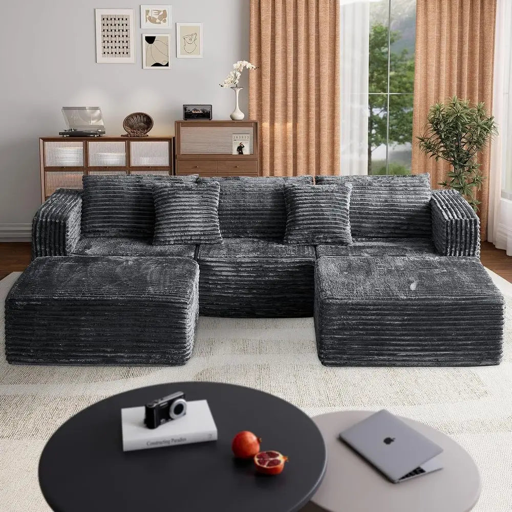 Gray 110 Corduroy Sectional Sofa with 2 Ottomans, Convertible Cloud Couch, Deep Seating, Memory Foam Living Room Furniture, No A