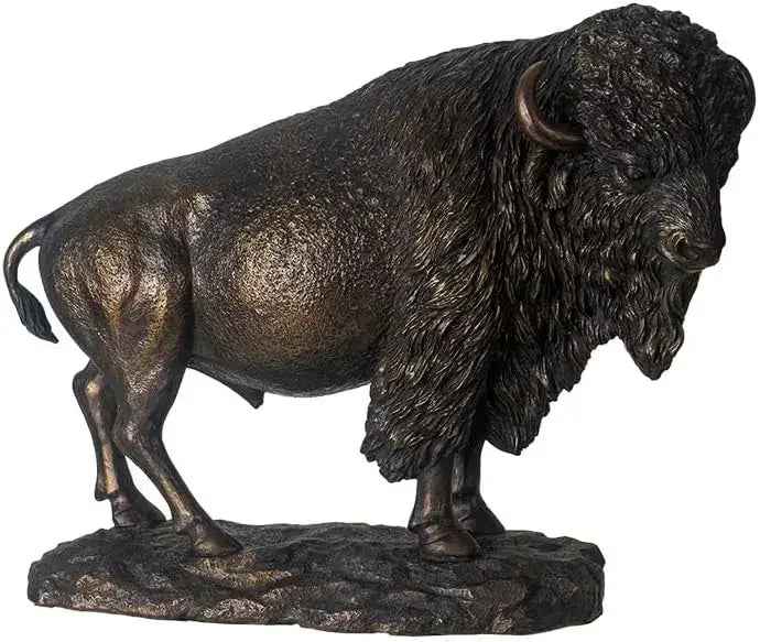 Majestic Bison Statue Large Cold Cast Bronze Sculpture of American Buffalo for Western and Rustic Nature Themed Home Decor 18" W