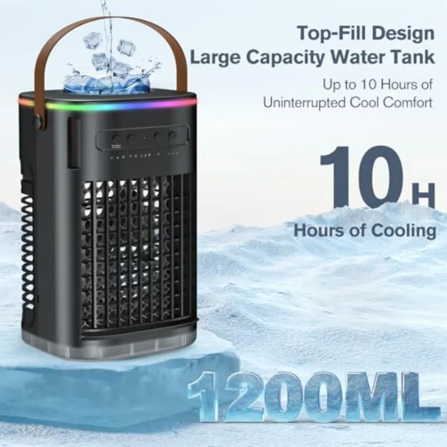 Upgraded 5 IN 1 Small Portable Air Conditioner 2 Spray Ports 1200ml Water Tank Cooling Fan with 7 LIghts
