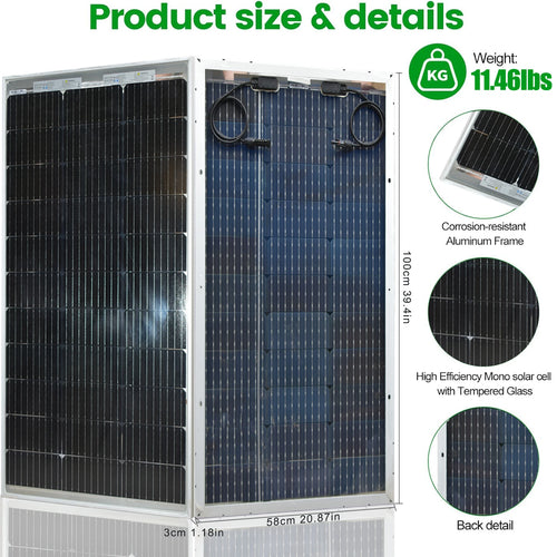 200W Bifacial Rigid Solar Panel 18V Pv Solar Module for 12V 24V Battery Charge, Photovoltaic Solar Panels for Motorhome, Balcony