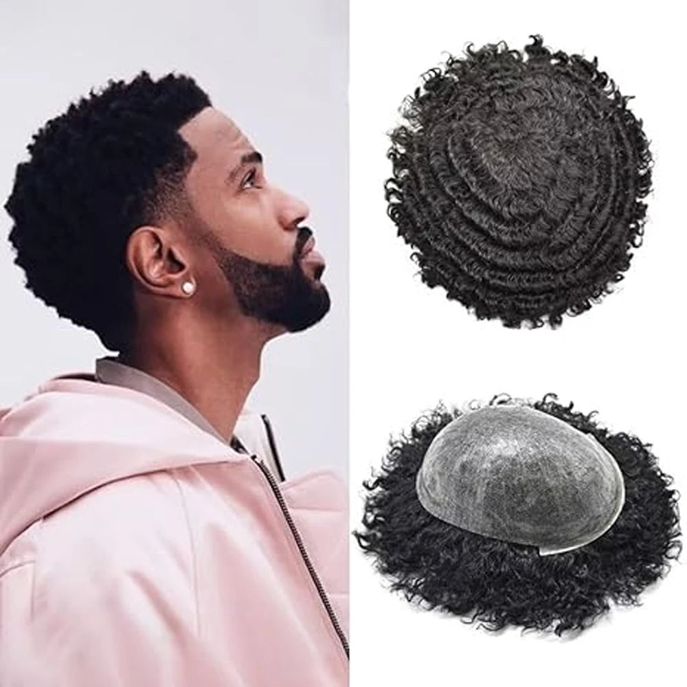 【TIMIA】Men's Wig 8x10 Human Hair 0.1 Toupee 6mm wave Full PU Afro Wig for Black Men Suitable for American Men #1B Nuture Black