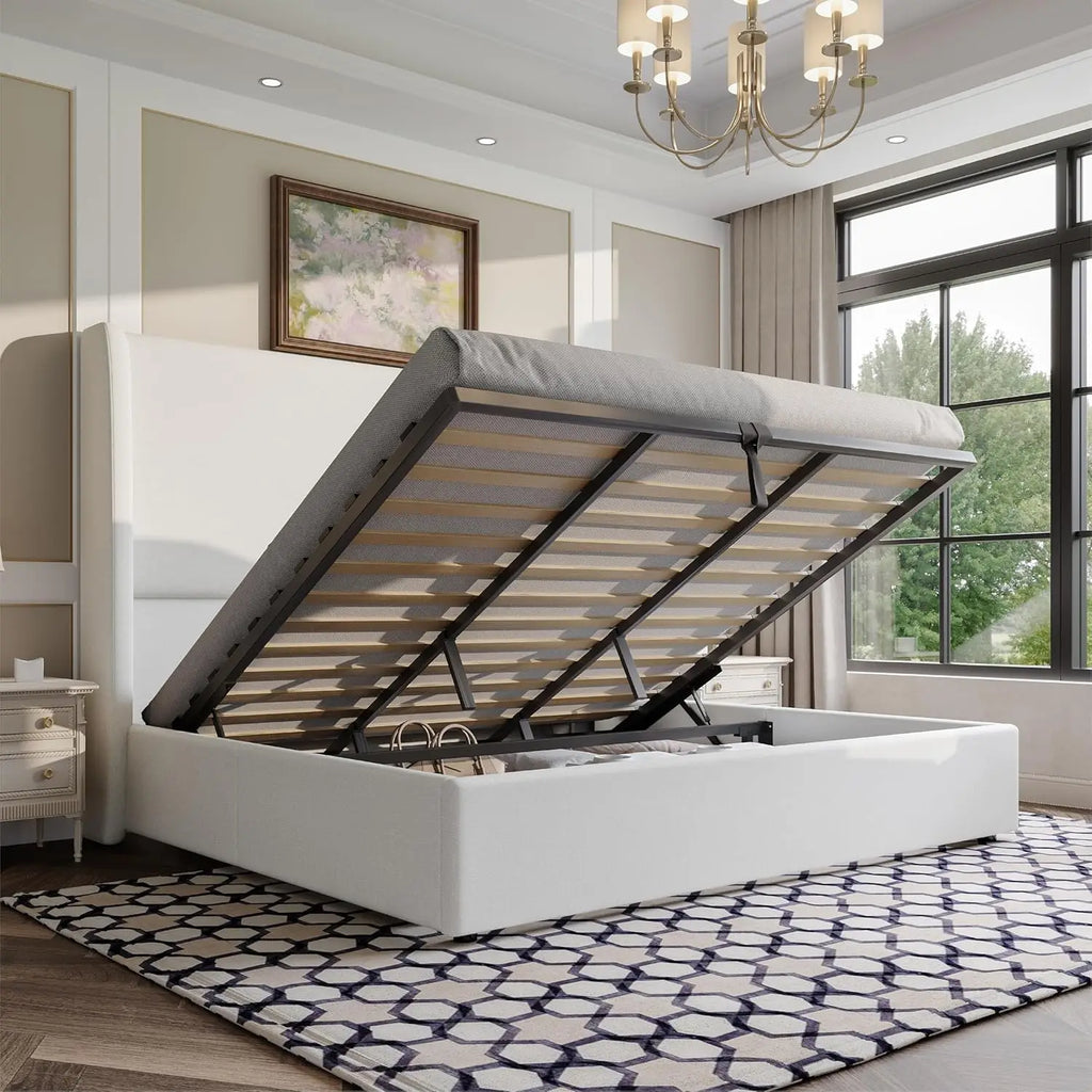 Lift Up Storage Bed King Upholstered Platform Frame Hydraulic Wingback Headboard No Box Spring Khaki, Customized