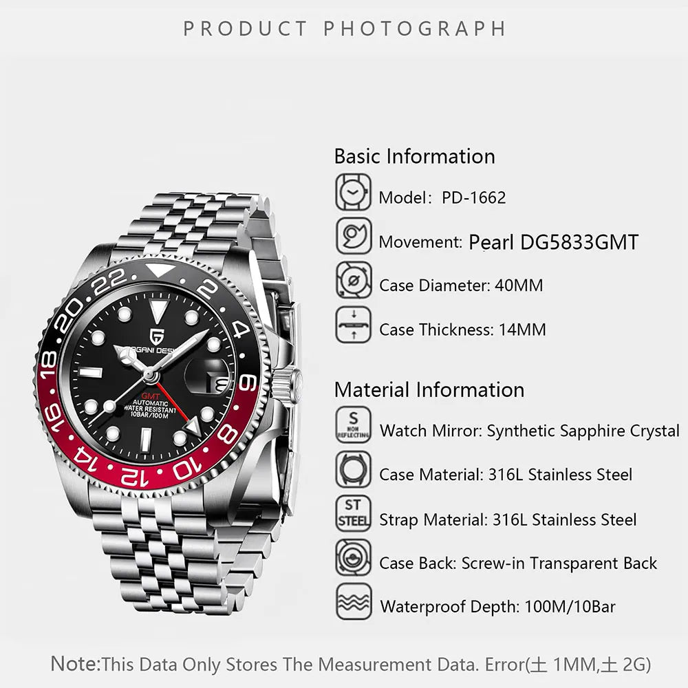 2026 PAGANI DESIGN New Business Men Mechanical Wristwatch 100M Waterproof Sapphire Glass PD-1662 GMT 40mm Watch Men Reloj Hombre
