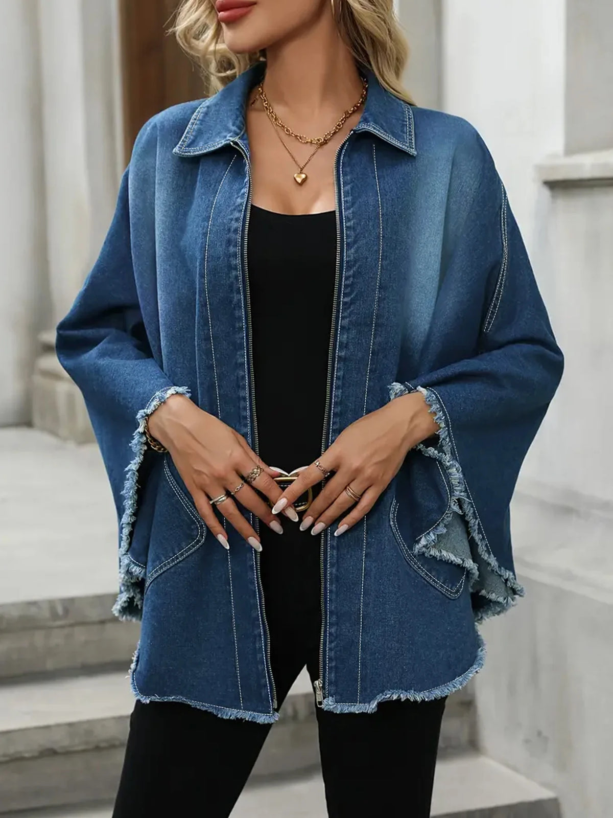 Plus Size Women's Denim Jacket Loose Fit with Frayed Hem And Cloak Design Casual Comfortable plus Size Women's Jeans Jacket