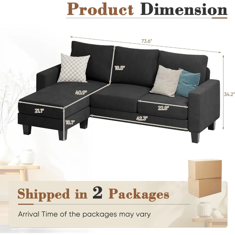 Homall Living Room Sofa, Sofa with Convertible Chaise Lounge, Three-seat L-shaped Sofa, Comfortable Fabric Sofa