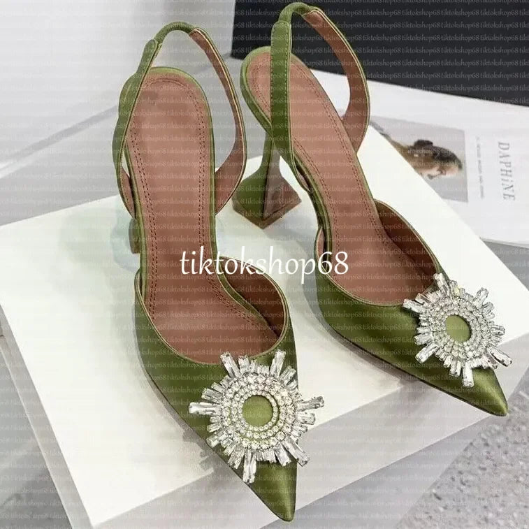 Amina muadii heels designer sandals womens wedding dress shoes satin pointed slingbacks bowtie pumps crystal sunflower flower hi