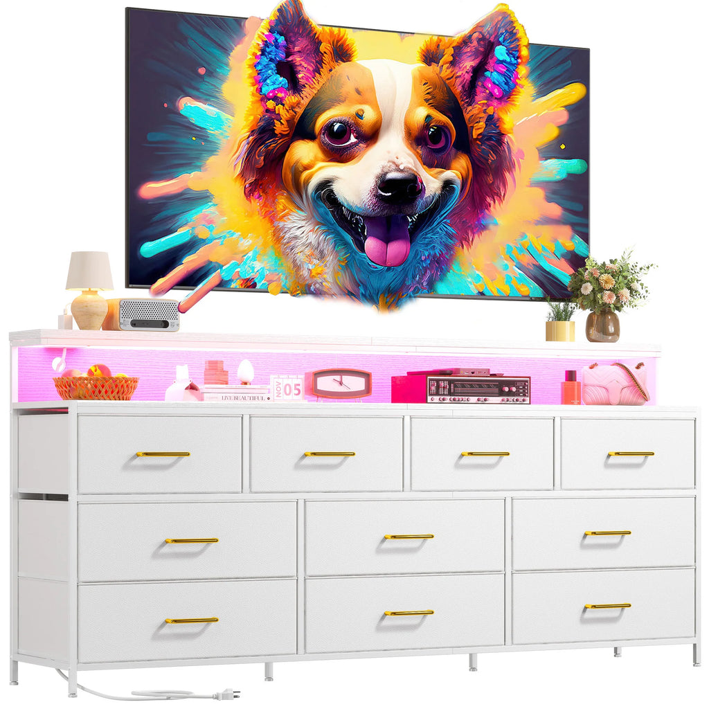 55" Wide Smart Dresser with LED Lights & Power Outlets – 10 Fabric-Drawer Storage & Metal Frame for Bedroom Organization
