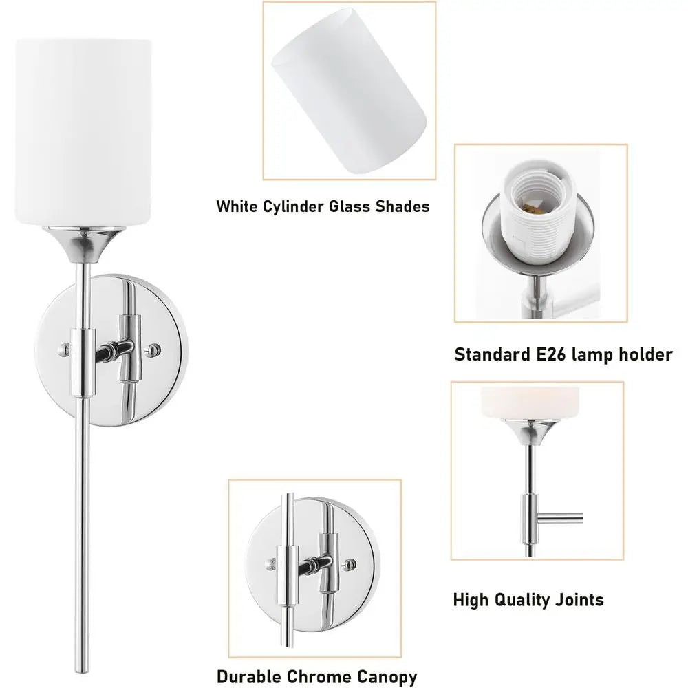 Pair of White Glass Cylinder Sconces, Mid-Century Modern Bathroom Vanity Lights, Industrial Style Wall Lamps for Home Decor