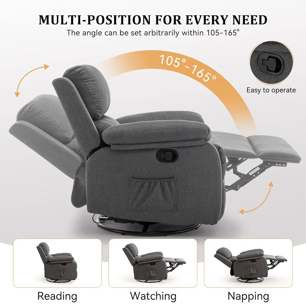 360 Swivel Rocker Recliner Chair Upholstered Fabric Glider Nursery Small Space Grey, Customized