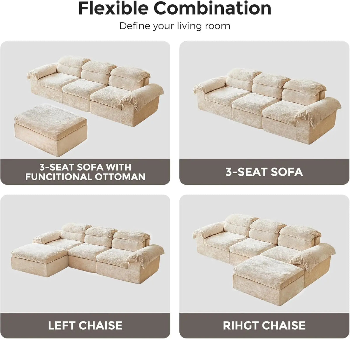 Modular Sectional Sofa, 115" L-Shaped Cloud Couch with Deep Seat, Fluffy Upholstered Sofa with Chaise & Ottoman,, Customized