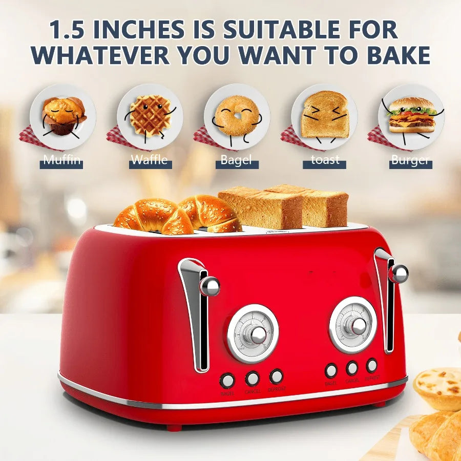 4-piece vintage-style red toaster with dual-control oven 4×1.5-inch slots anti-clogging design 6-batch temperature adjustment d