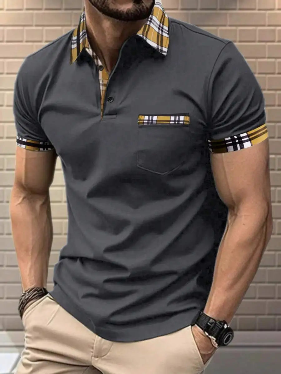 Navy Blue Men's Short Sleeve Polo Shirt with Plaid Trim Collar and Cuff