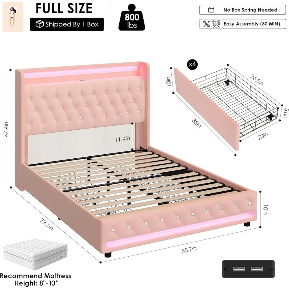 HIIT Upholstered Full Size LED Bed with Charging Station & 4 Storage Drawers, Velvet Crystal Button-Tufted Wingback Headboard, P