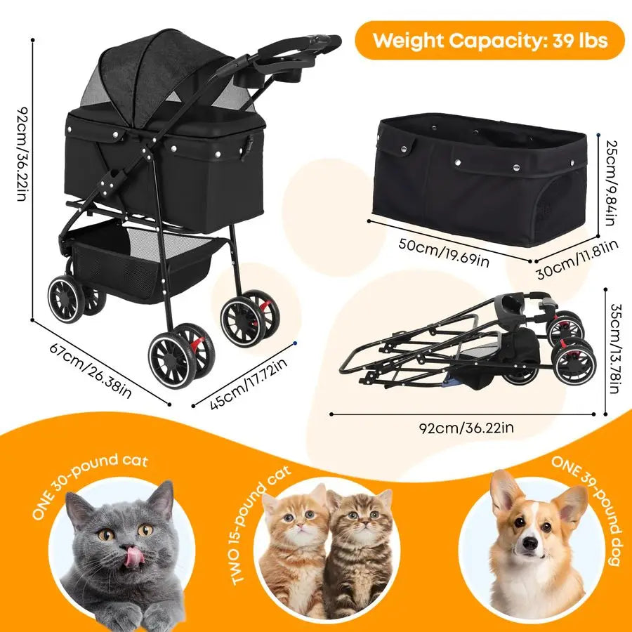 Stroller,Dog Stroller for Small Medium Dogs Cats,3 Wheels,Foldable,with Breathable Mesh Canopy,Cup Holders,Easy Assembly,Black