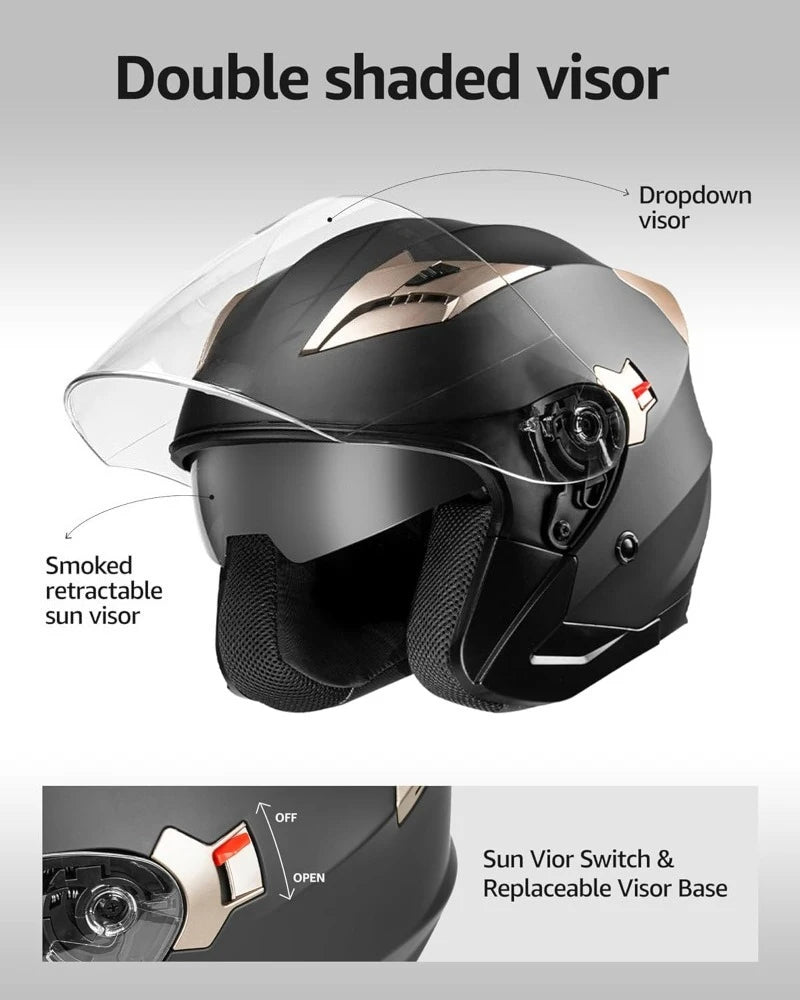 DOT Approved Open Face 3/4 Motorcycle Helmet Dual Visor Quick Release for Adults Men Women Moped Scooter Street Riding