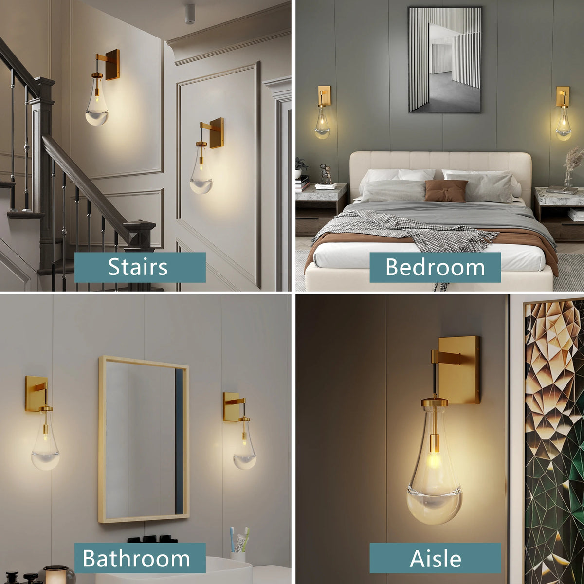 Gold Luxury Raindrop Hand-Blown Glass Wall Light E12 Base Modern Decorative Lamp for Living Room Bedroom Staircase Bathroom