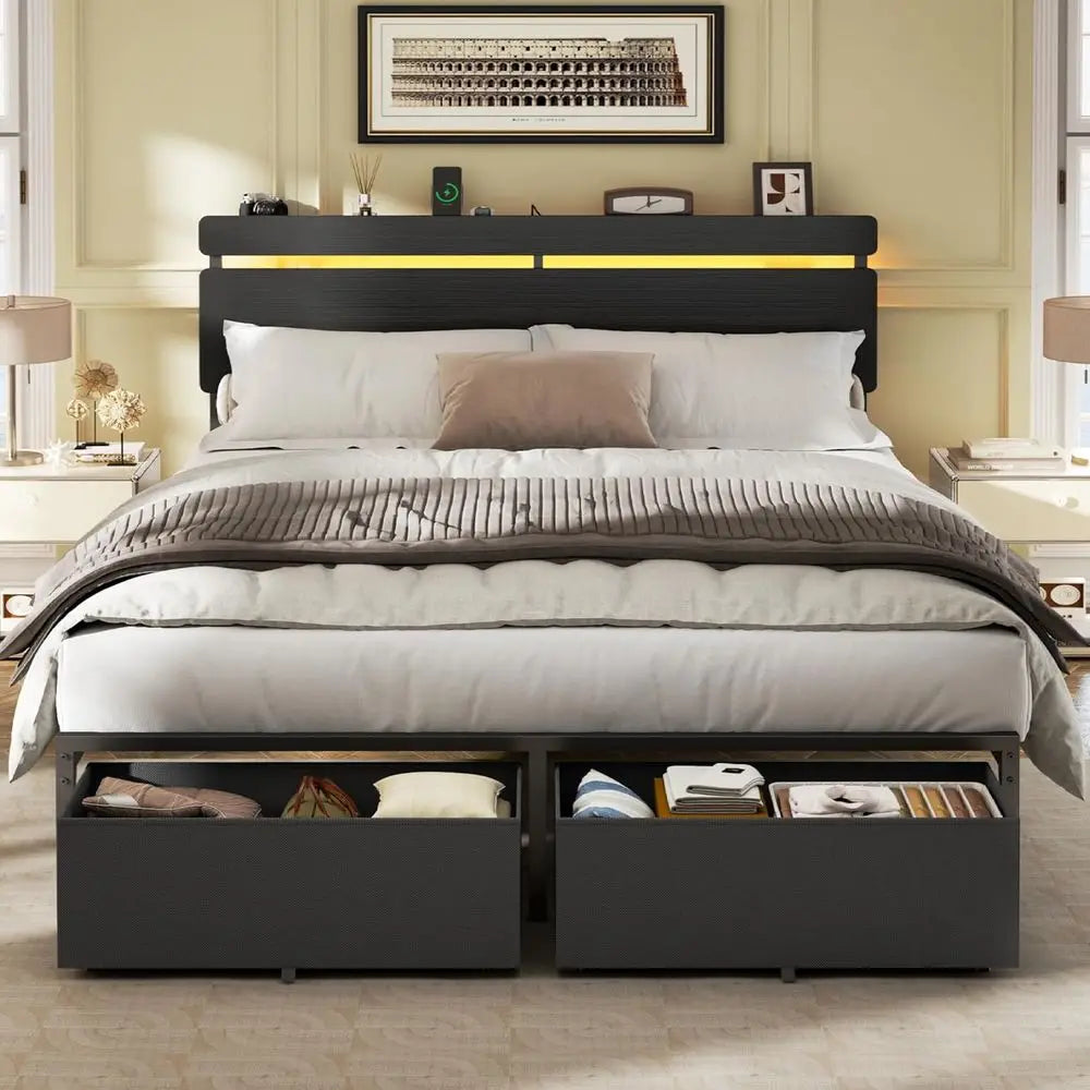 Queen Size Bed with Wooden Slat Support, Black Platform Design, Storage Drawers, Built-in Charging Station, LED Lighting, Metal
