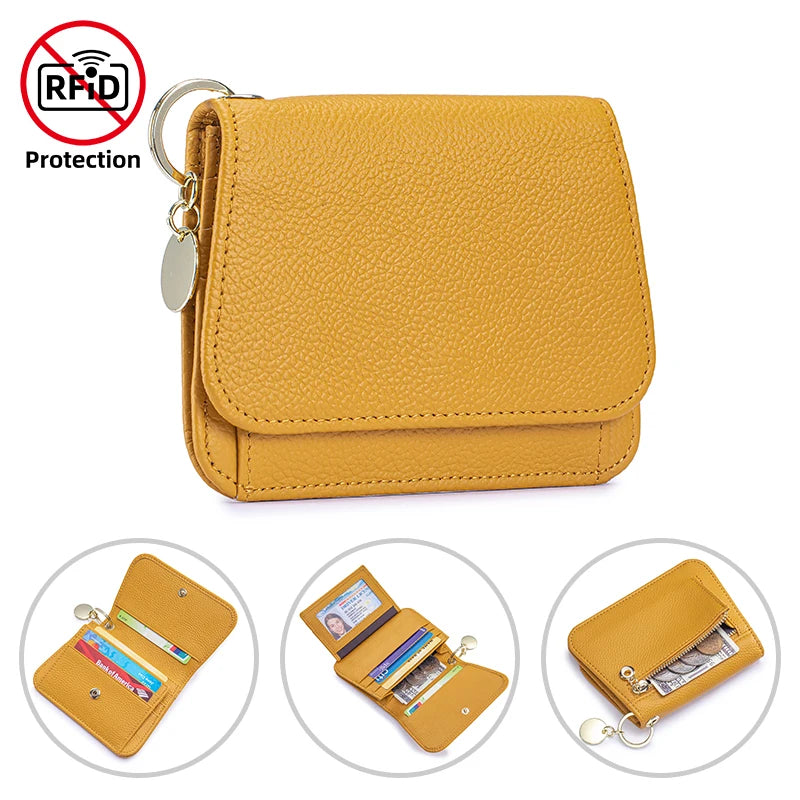 Women Genuine Leather Slim TriFold Wallet Credit Card Holder With Zipper Coin Pouch, ID Window & Keychain