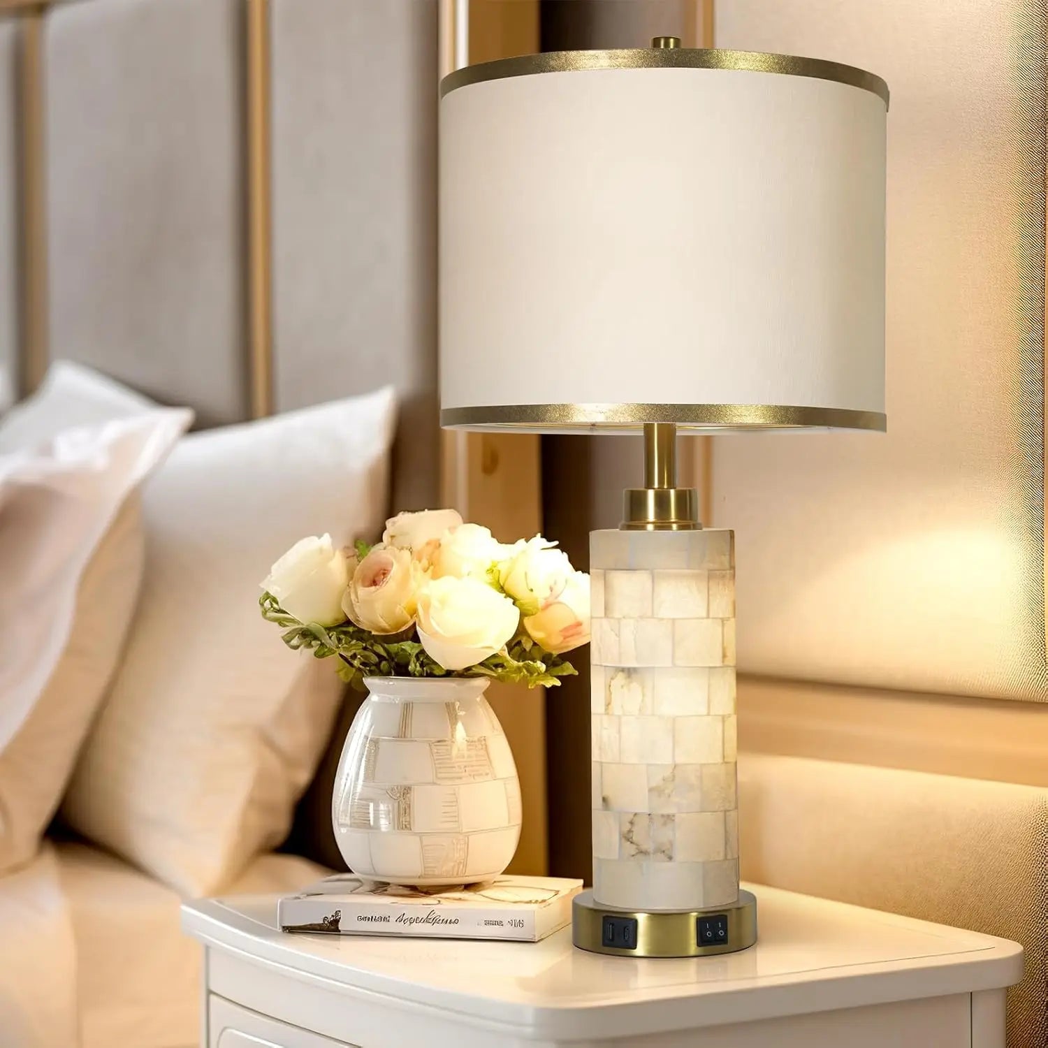 Set of 2 Modern Table Lamps with USB Ports and Night Light, Alabaster Design for Living Room or Bedroom