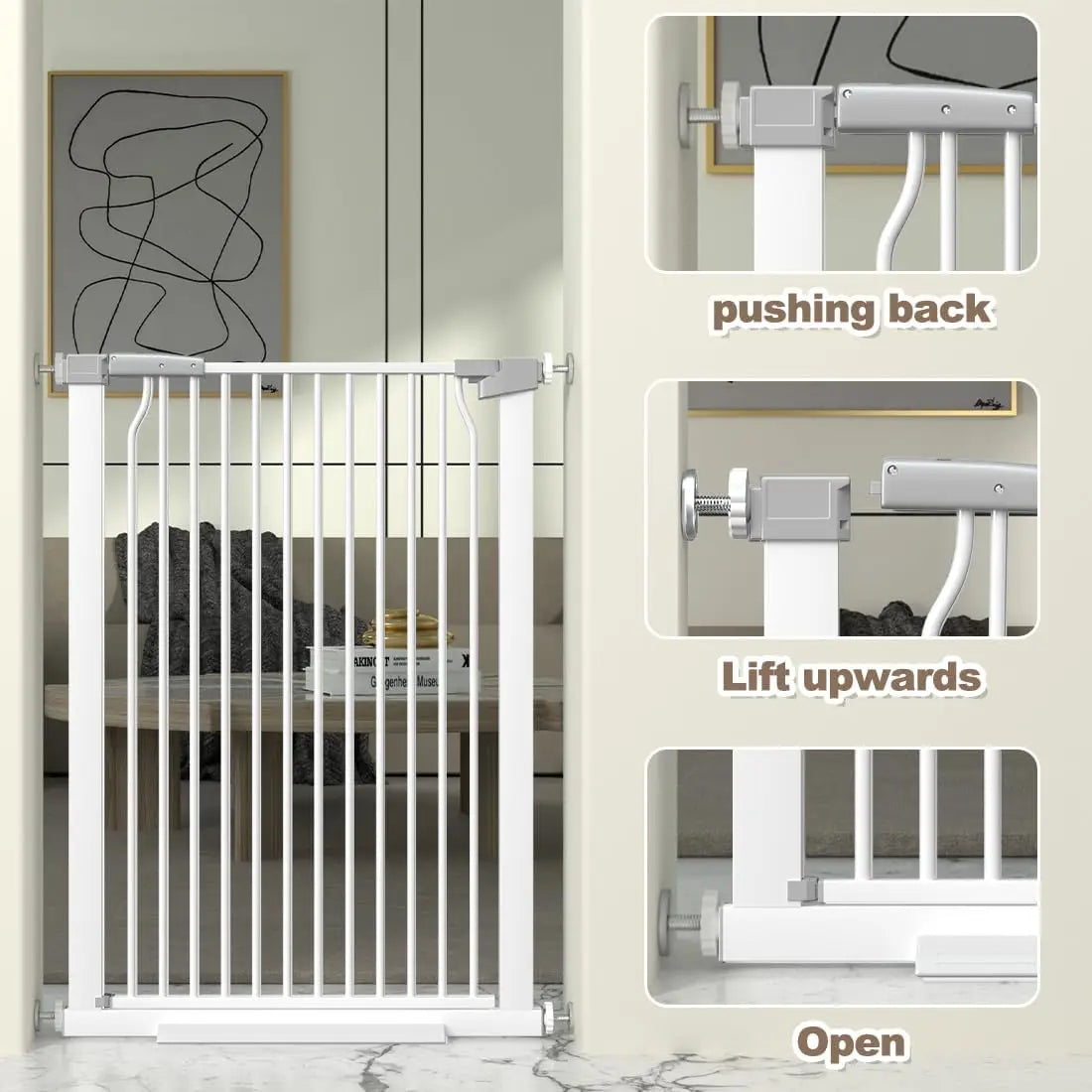 41" Extra Tall Cat Gate for Doorway, Pressure Mounted Metal Pet Baby Safe Fence with Expansion Kit, No Drilling White