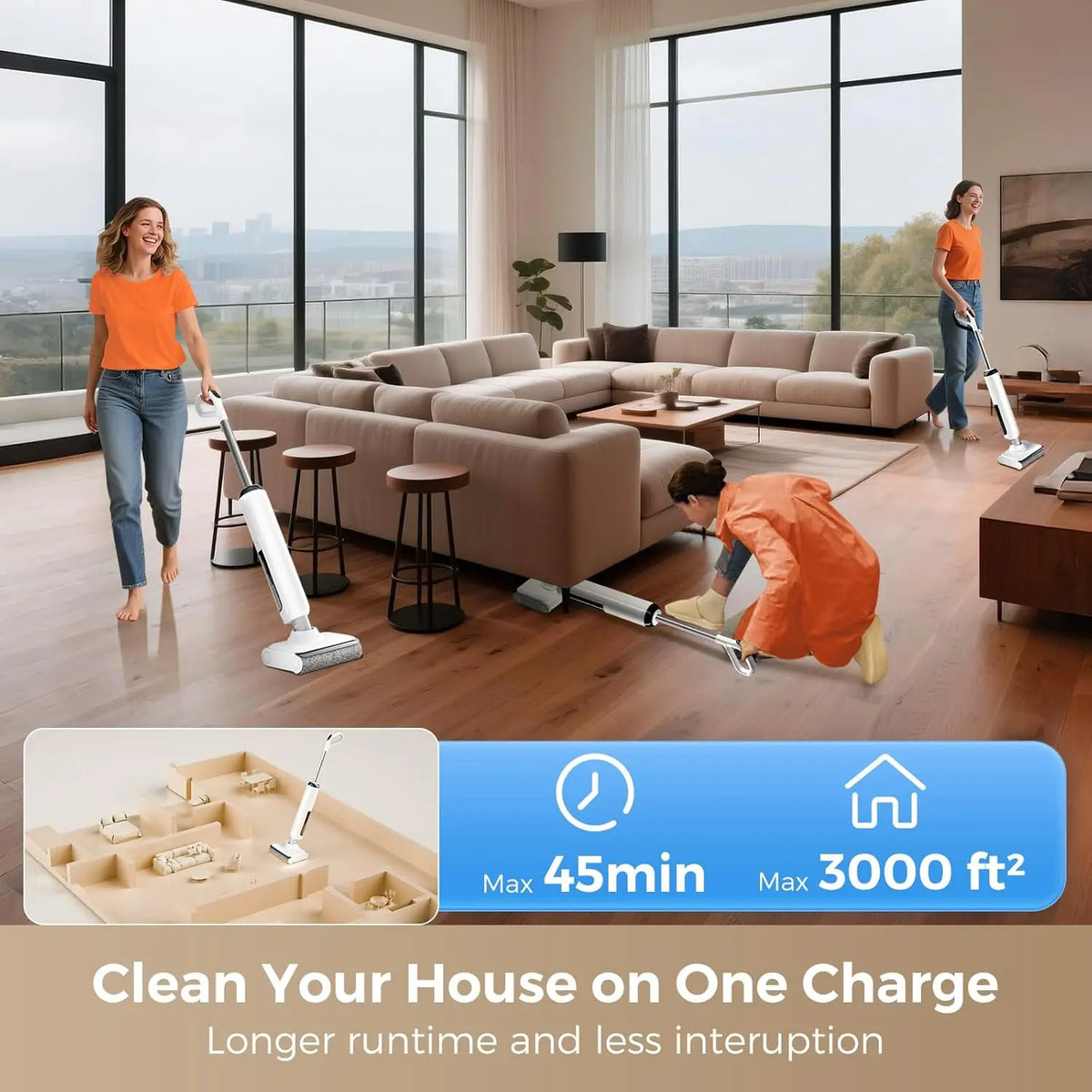 Wet Dry Vacuum Cleaner with Auto Self-Cleaning, Smart Floor Cleaner for Hard Floors, 45 Mins Runtime, Edge Cleaning