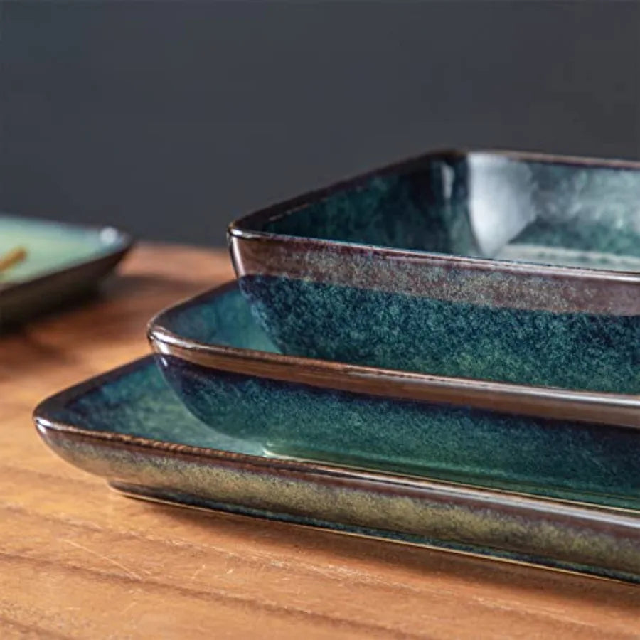 Stern Green Dinner Set- Square Reactive Glaze Dish Set- 16 Pieces Kitchen Dinnerware Stoneware Crockery with Dinner Plate Desse