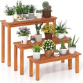 Wooden Plant Stand Set of 3, Outdoor Indoor Solid Wood Flower Pot Holder Display Shelf w/ Teak Oil Finish, Slatted Top, Rustic