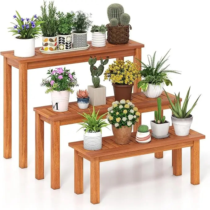 Wooden Plant Stand Set of 3, Outdoor Indoor Solid Wood Flower Pot Holder Display Shelf w/ Teak Oil Finish, Slatted Top, Rustic