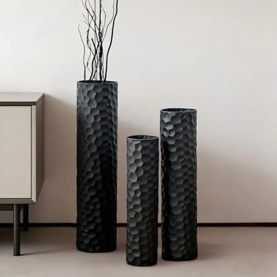 Tall Floor Vase: 27/23/20in Large Floor Vases Standing for Living Room - Hammered Metal Floor Vases Set of 3 - Cylinder Flower