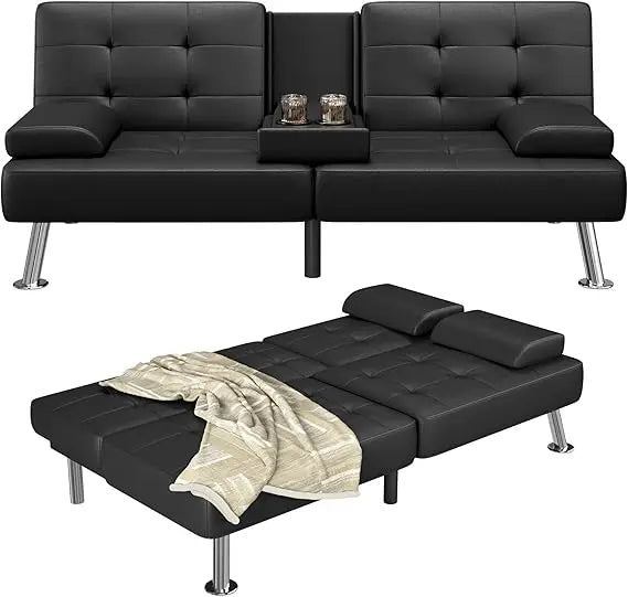 Adjustable Futon Couch Sleeper Sofa Bed with Cup Holders for Living Rooms and Offices, Ideal for Business Spaces and Comfortable