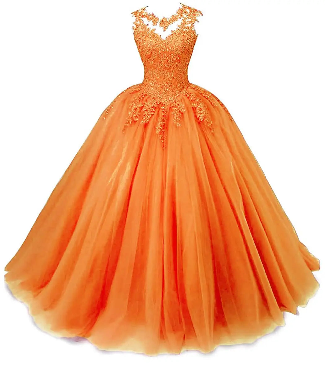 Women's Beaded Appliques Prom Dress Long Ball Gown Quinceanera Dresses Tulle Formal Sweet 16 Dress for Teens