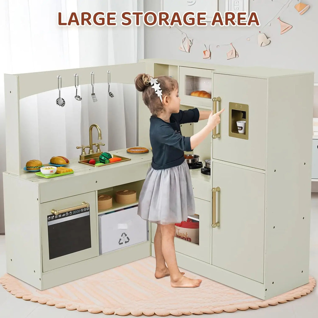 Corner Play Kitchen for Kids, Wooden Pretend Toy Kitchen, Large Toodler Cooking Playset w/Refrigerator, Stove w/Light & Sound, D