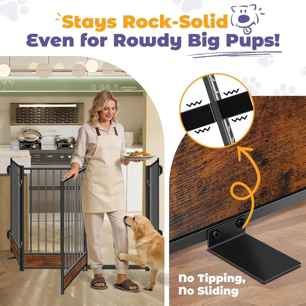 Freestanding Dog Gate with Door, Metal & Wood, 81'' Wide 32'' Tall, Foldable Safety Fence for Indoor/Outdoor Use