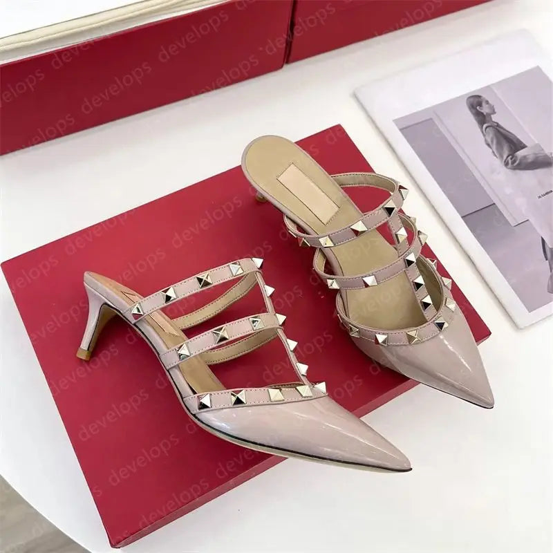 High heels designer sandals classics metal buckle pointed toe thin heel summer valentinolies luxurys brand genuine leather woman