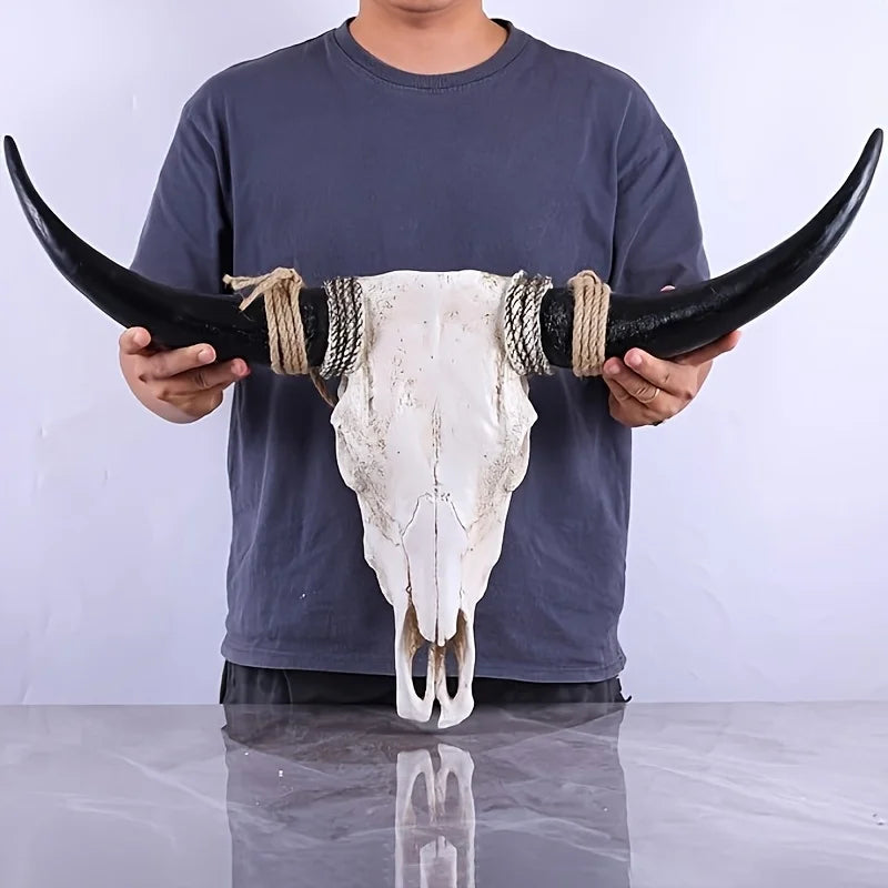 Resin Longhorn Cow Skull Head Wall Decorations Ornament 3D Animal Figurines Crafts Retro Bull Skull Crafts Bar Home Decoration